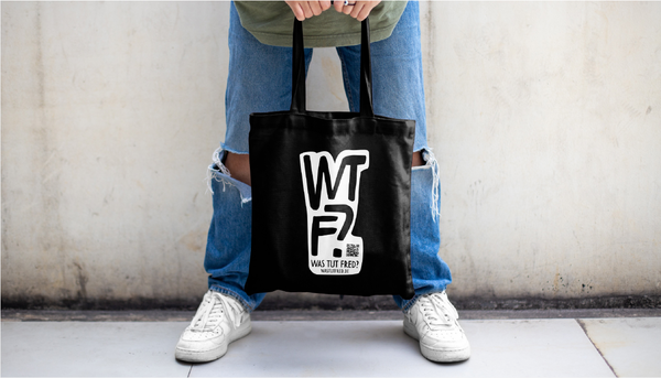 Schwarzer Jutebeutel mit "WTF?"-Aufdruck.