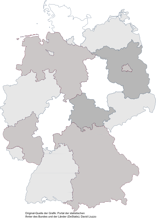 Umriss Deutschlands in dem die Bundesländer in verschiedenen Grautönen hervorgehoben werden.