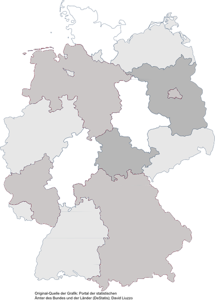 Umriss Deutschlands in dem die Bundesländer in verschiedenen Grautönen hervorgehoben werden.