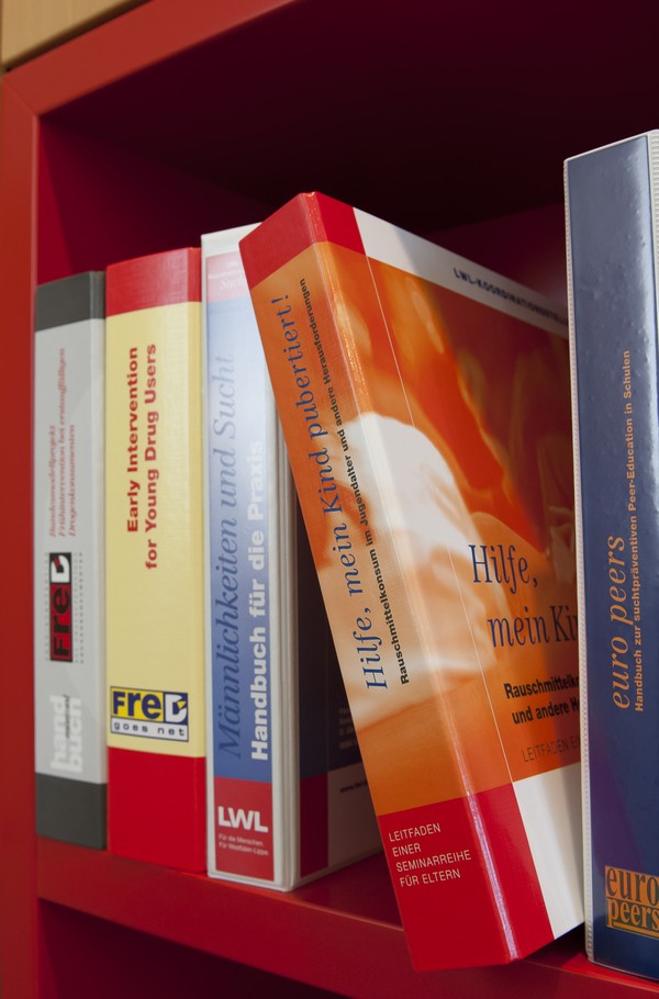 Das Bild zeigt ein rotes Regal in dem verschiedene Handbücher stehen.