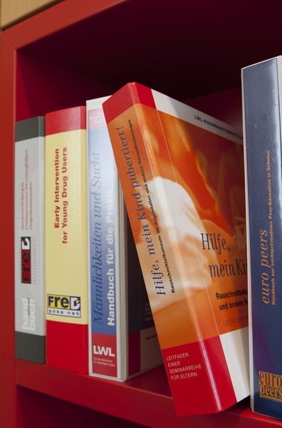 Das Bild zeigt ein rotes Regal in dem verschiedene Handbücher stehen.