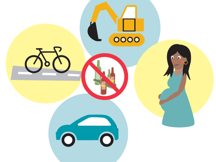 Man darf kein Alkohol trinken:
im Straßenverkehr
beim Autofahren
bei der Arbeit
in der Schwangerschaft (vergrößerte Bildansicht wird geöffnet)